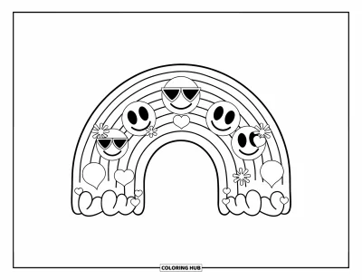 Coloriage d'emojis pour enfants : Un arc-en-ciel se déploie avec des emojis souriants comme des cœurs, des lunettes de soleil et des feux d'artifice sur sa courbe