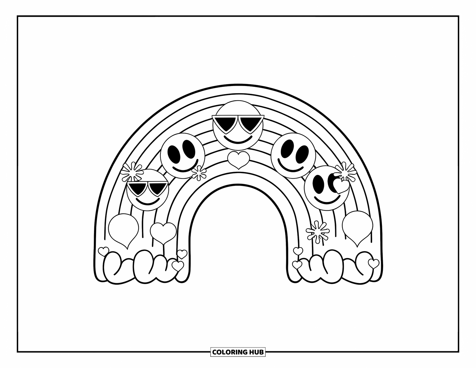 Emoji Coloring Page for Kids: A rainbow arches with smiling emojis like hearts, sunglasses, and fireworks along its curve