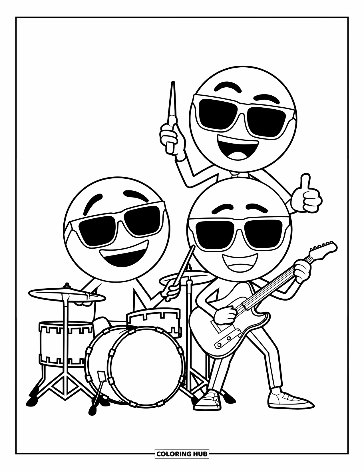 Emoji Coloring Page for Kids: A rocking emoji trio with drums, guitar, and mic wears shades while performing together