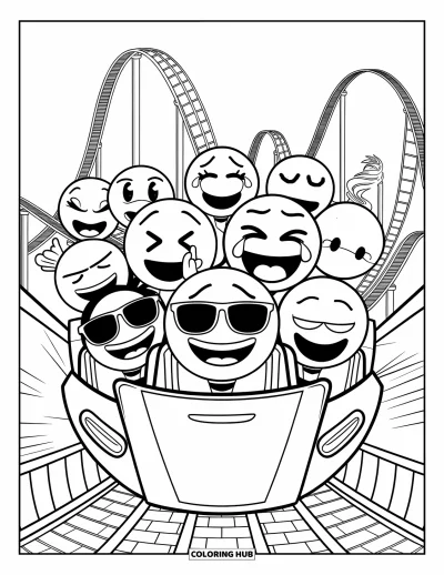 Coloriage d'emojis pour enfants : Un grand-huit rempli d'emojis expressifs serpente et vire au-dessus d'un sol texturé