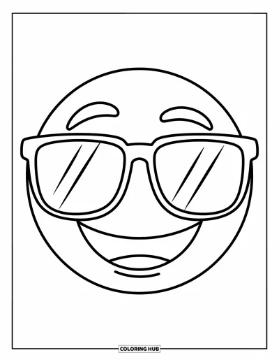 Coloriage d'emojis pour enfants : Un emoji rond sourit avec des lunettes de soleil perchées sur la tête