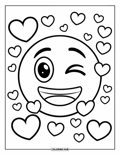 Coloriage d'emojis pour enfants : Un emoji rond qui fait un clin d'œil sourit gentiment pendant que de petits cœurs flottent tout autour