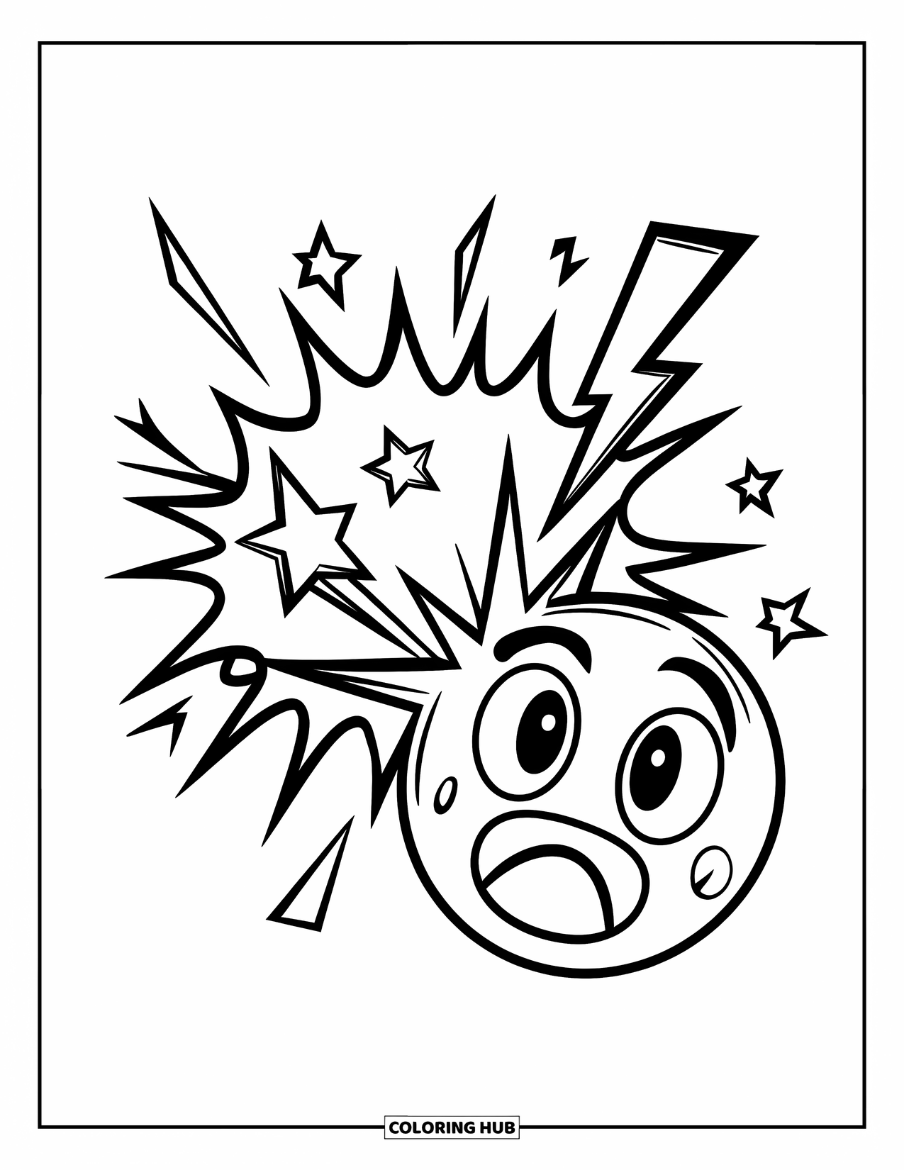 Emoji Coloring Page for Kids: A shocked emoji reacts to a comic bubble filled with stars and a lightning bolt