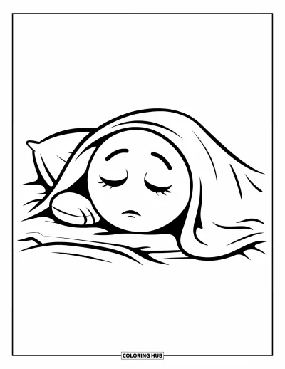 Coloriage d'emojis pour enfants : Un emoji endormi est allongé sous une couverture les yeux fermés, avec un oreiller moelleux à côté