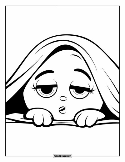 Coloriage d'emojis pour enfants : Un emoji endormi pointe le nez sous une couverture pliée en triangle avec une expression calme
