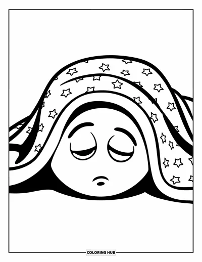Coloriage d'emojis pour enfants : Un emoji endormi repose sous une couverture étoilée les yeux doucement fermés