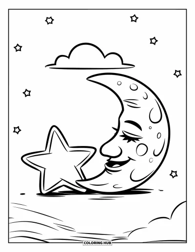 Coloriage d'emojis pour enfants : Un emoji lune endormi repose à côté d'une étoile sous un ciel calme avec un nuage au-dessus