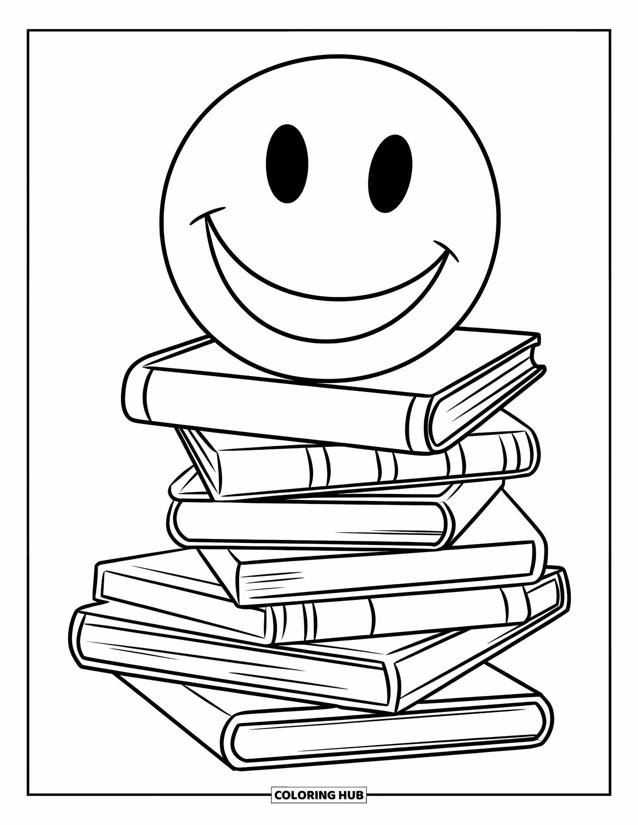 Emoji Coloring Page for Kids: A smiley emoji rests atop a pile of patterned books on a white background
