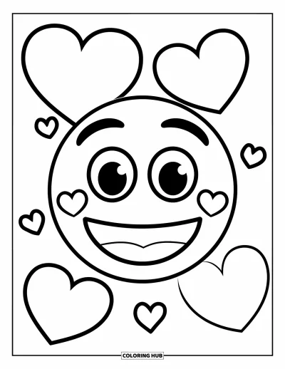 Coloriage d'emojis pour enfants : Un emoji smiley aux yeux en cœur est entouré de cœurs flottants