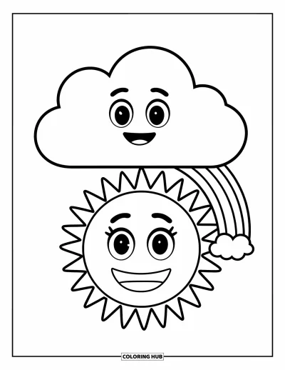 Coloriage d'emojis pour enfants : Un nuage souriant flotte au-dessus d'un emoji soleil joyeux qui tient un arc-en-ciel dans le ciel