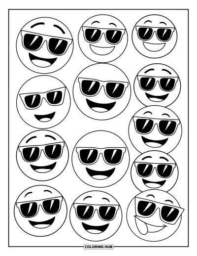 Coloriage d'emojis pour enfants : Un emoji souriant marque les jours de la semaine sur un calendrier épuré rempli de visages joyeux