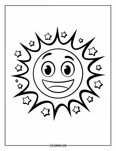 Coloriage d'emojis pour enfants : Un emoji souriant apparaît dans une bulle de BD entourée d'étoiles et de traits gras