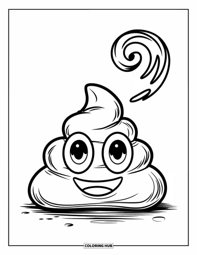 Coloriage d'emojis pour enfants : Un emoji crotte souriant aux grands yeux est posé par terre en forme de spirale