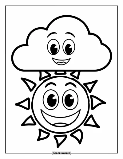 Coloriage d'emojis pour enfants : Un emoji soleil souriant est posé sous un nuage joyeux avec de grands yeux et des visages contents