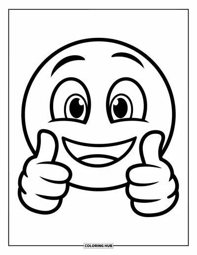Coloriage d'emojis pour enfants : Un emoji pouce en l'air souriant exhibe de grands yeux et des doigts bien ronds