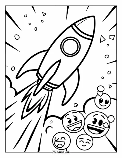 Coloriage d'emojis pour enfants : Une fusée élégante décolle tandis que des emojis l'acclament depuis le bas sous un ciel dégagé