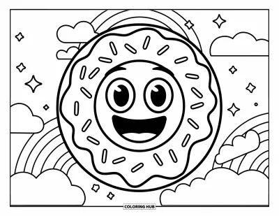 Coloriage d'emojis pour enfants : Un beignet couvert de vermicelles avec un visage d'emoji aux grands yeux flotte parmi des nuages et des étoiles