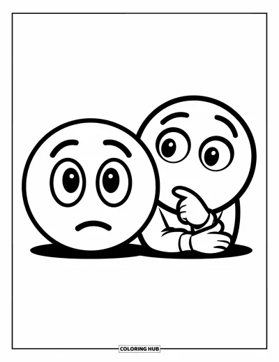 Coloriage d'emojis pour enfants : Un emoji pensif et un emoji main sur le visage sont assis tranquillement avec des expressions bien parlantes