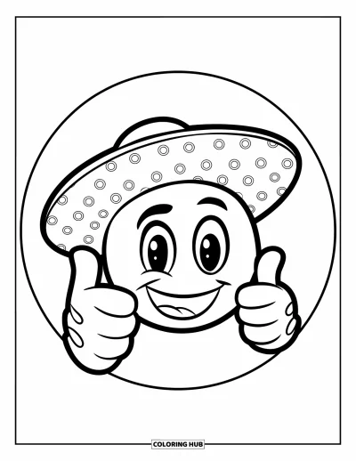 Coloriage d'emojis pour enfants : Un emoji pouce en l'air porte un chapeau coloré à motifs dans un cadre circulaire tout doux