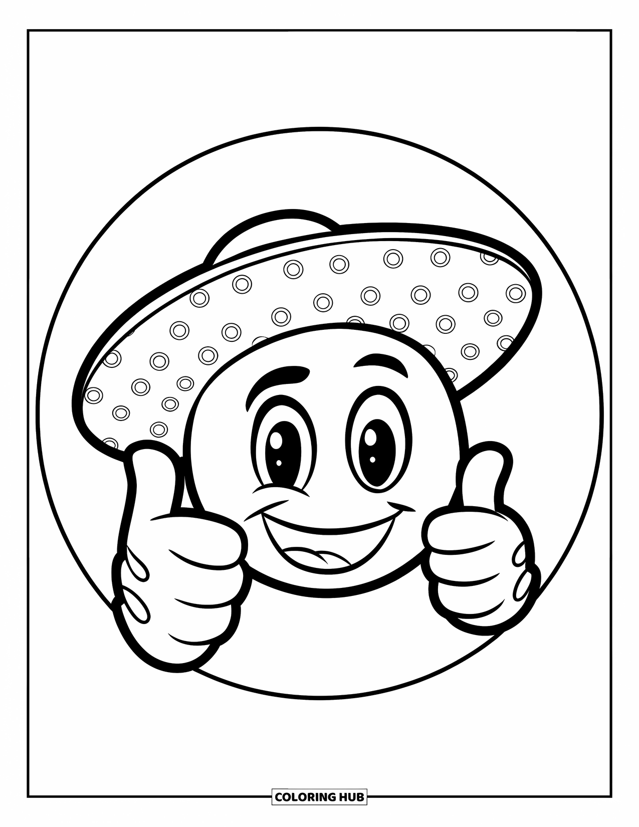 Emoji Coloring Page for Kids: A thumbs-up emoji wears a fun patterned hat inside a soft circular frame