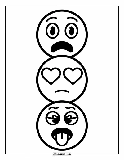 Coloriage d'emojis pour enfants : Une chaîne verticale de réactions d'emojis présente des visages de stupeur, aux yeux en cœur, pensifs et avec la langue tirée