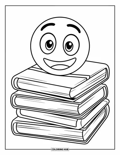 Coloriage d'emojis pour enfants : Un emoji aux grands yeux pointe le nez d'une haute pile de livres aux contours nets et gras
