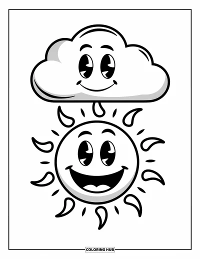 Coloriage d'emojis pour enfants : Un emoji soleil au grand sourire brille sous un nuage mignon avec des rayons ondulés