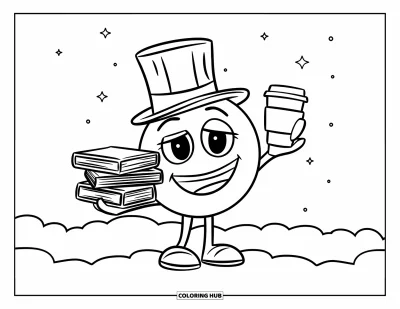 Coloriage d'emojis pour enfants : Un emoji avec un haut-de-forme jongle avec des livres et un café en se tenant debout sur un nuage