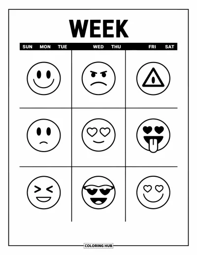 Coloriage d'emojis pour enfants : Un emoji marque chaque jour de la semaine sur un calendrier amusant intitulé « Week » avec différents visages