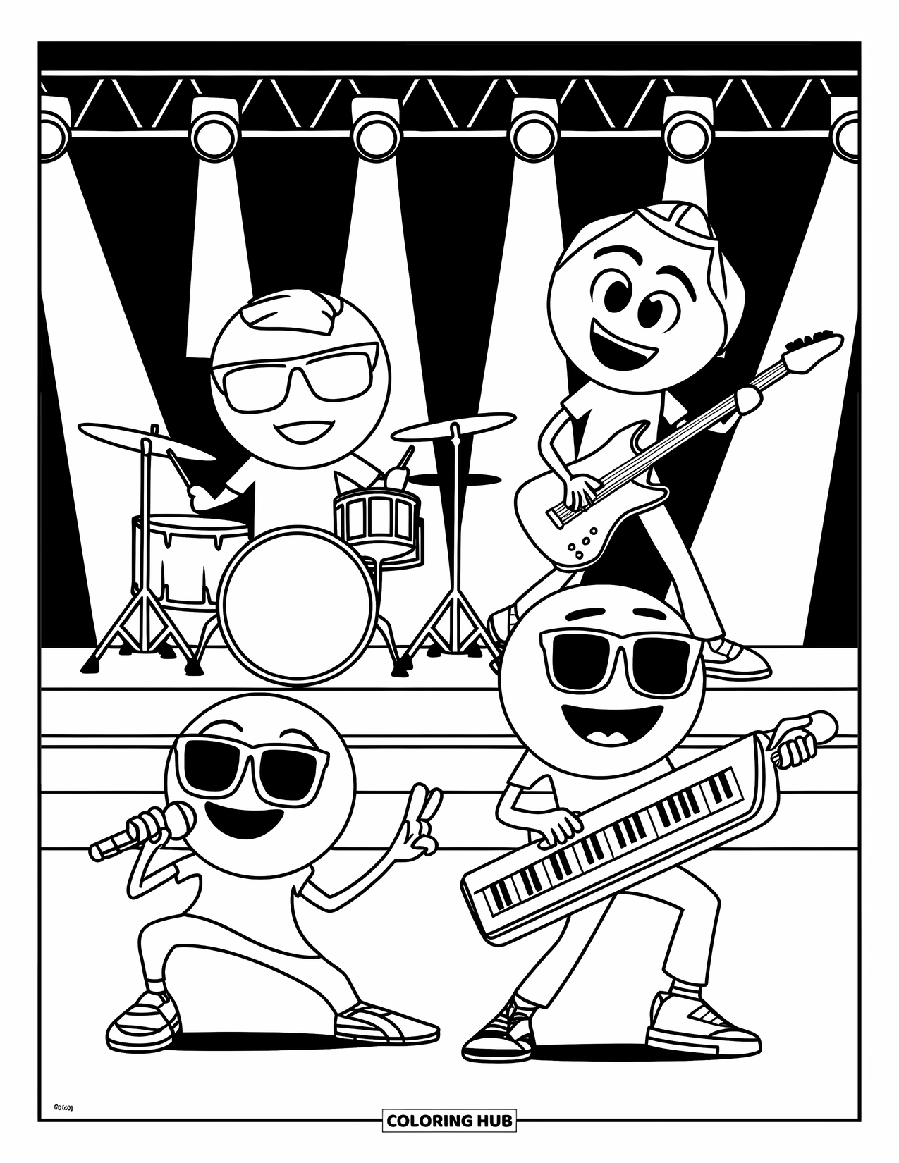 Emoji Coloring Page for Kids: An emoji rock band with drums, guitar, keys, and mic plays under bright stage lights