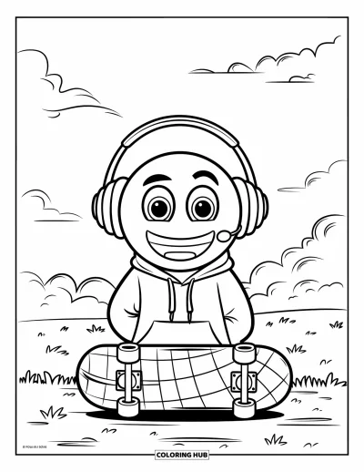 Coloriage d'emojis pour enfants : Un emoji avec un sweat à capuche et des écouteurs sourit à côté d'un skateboard à carreaux sous un ciel dégagé