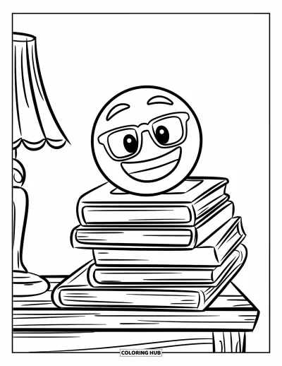 Coloriage d'emojis pour enfants : Un emoji avec des lunettes pointe le nez d'une pile de livres à côté d'une lampe sur une table