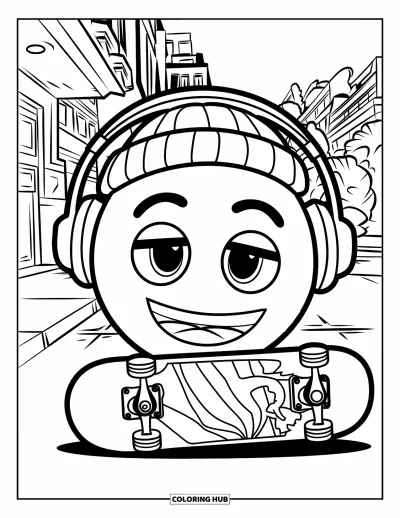 Coloriage d'emojis pour enfants : Un emoji avec des écouteurs et un bonnet se tient à côté d'un skateboard dans une rue de la ville