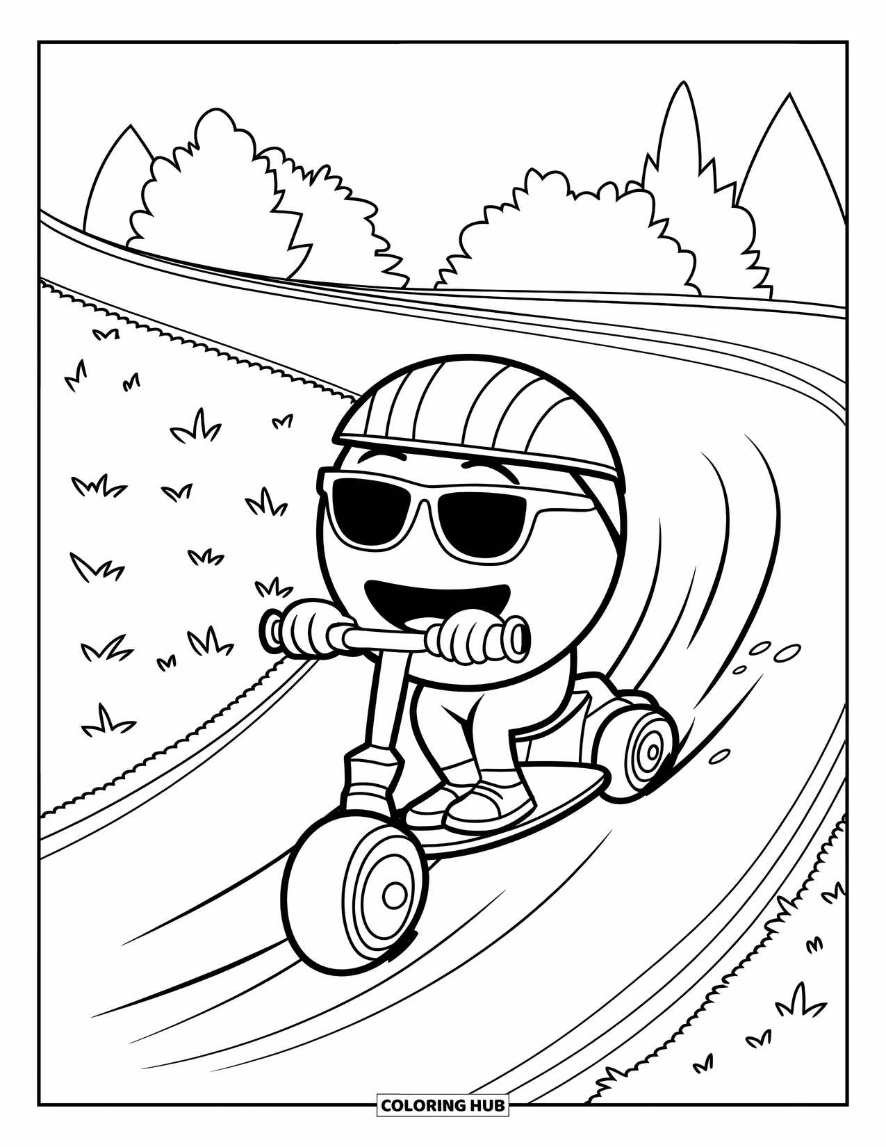 Emoji Coloring Page for Kids: An emoji with shades and helmet speeds down a grassy slope on a toy scooter
