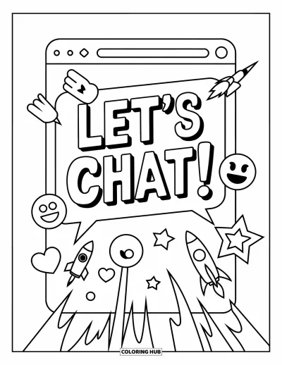 Coloriage d'emojis pour enfants : Des emojis joyeux s'envolent d'une bulle de chat qui dit « Let's chat ! » en plein élan