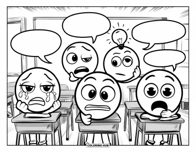 Coloriage d'emojis pour enfants : Des emojis dans une salle de classe réagissent aux problèmes d'ados avec des expressions de stupeur, d'encouragement et de confusion