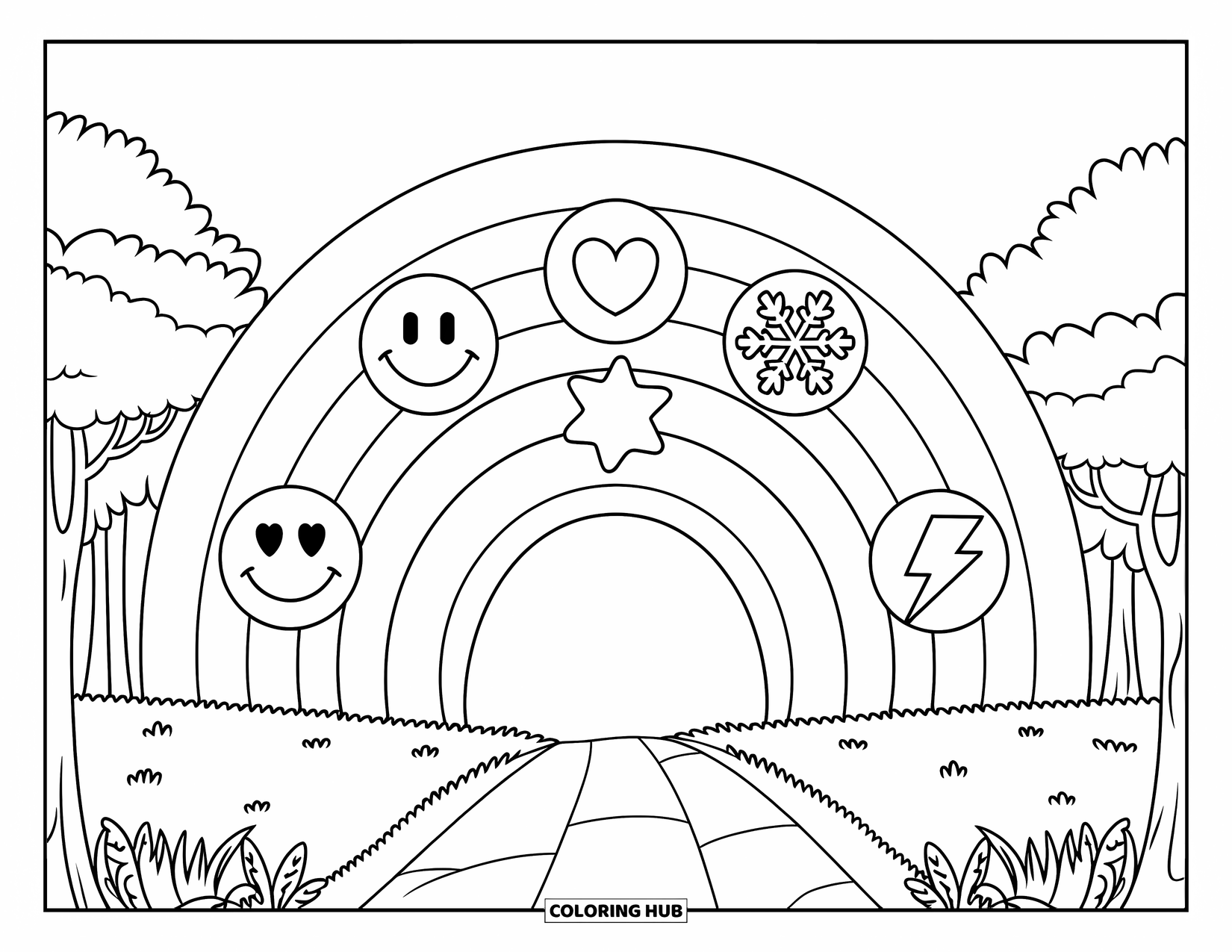 Emoji Coloring Page for Kids: Emojis like stars, suns, and hearts sit on rainbow bands above a grassy path