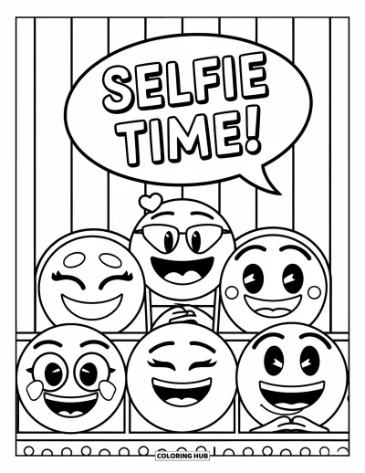 Coloriage d'emojis pour enfants : Des emojis sourient et posent dans un photomaton avec des rayures, des points et une bulle « Selfie time ! »
