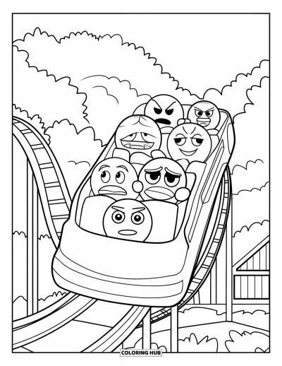 Coloriage d'emojis pour enfants : Des emojis aux humeurs variées filent dans les loopings et les virages d'un grand-huit palpitant