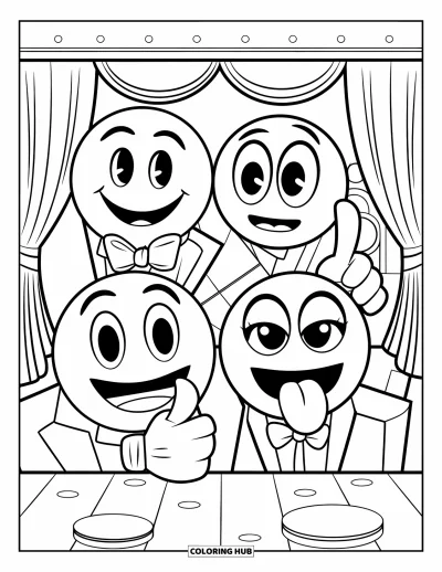 Coloriage d'emojis pour enfants : Quatre emojis espiègles prennent des poses de selfie dans un joli photomaton avec des rideaux