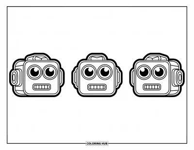Coloriage d'emojis pour enfants : Des têtes d'emojis robots penchées dans différentes directions avec de grands yeux et des formes carrées