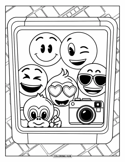 Coloriage d'emojis pour enfants : Six emojis espiègles, dont un singe et un appareil photo, posent dans un photomaton