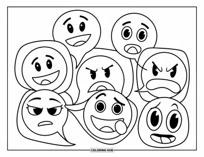 Coloriage d'emojis pour enfants : Des bulles de dialogue montrent des emojis avec des expressions joyeuses, tristes, surprises, en colère et neutres