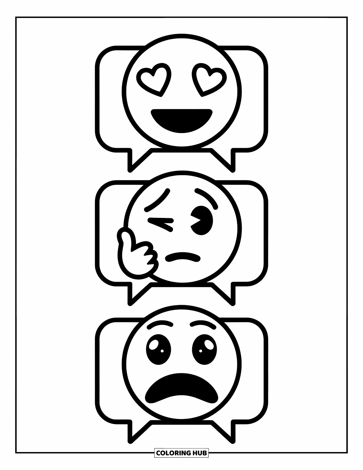 Emoji Coloring Page for Kids: Three emojis react in speech bubbles: heart eyes, thinking face, and shock