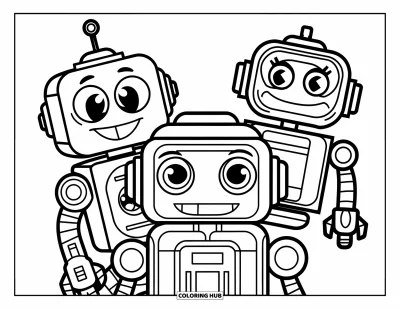 Coloriage d'emojis pour enfants : Trois emojis robots espiègles affichent des visages joyeux avec des traits carrés et des yeux expressifs
