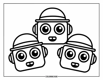 Coloriage d'emojis pour enfants : Trois têtes d'emojis robots aux grands yeux et petites bouches portent de drôles de petits chapeaux