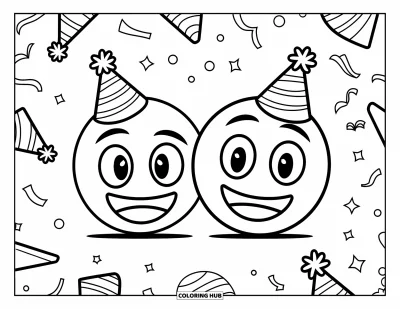Coloriage d'emojis pour enfants : Deux emojis joyeux avec des chapeaux de fête rayonnent de bonheur et d'énergie espiègle