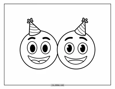 Coloriage d'emojis pour enfants : Deux emojis souriants avec des chapeaux de fête se tiennent côte à côte avec des visages joyeux