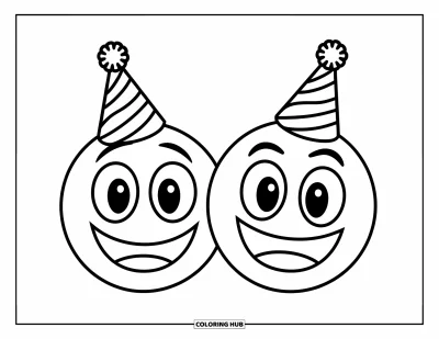 Coloriage d'emojis pour enfants : Deux emojis souriants portent des chapeaux de fête, prêts à célébrer ensemble