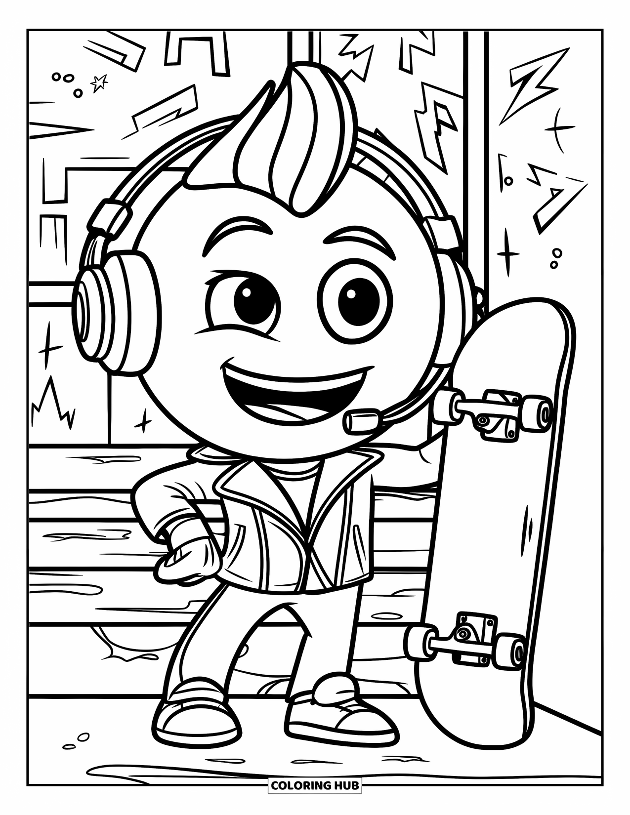 Emoji Coloring Page for Kids: Wearing a leather jacket, an emoji with a mohawk jams near a skateboard and graffiti wall